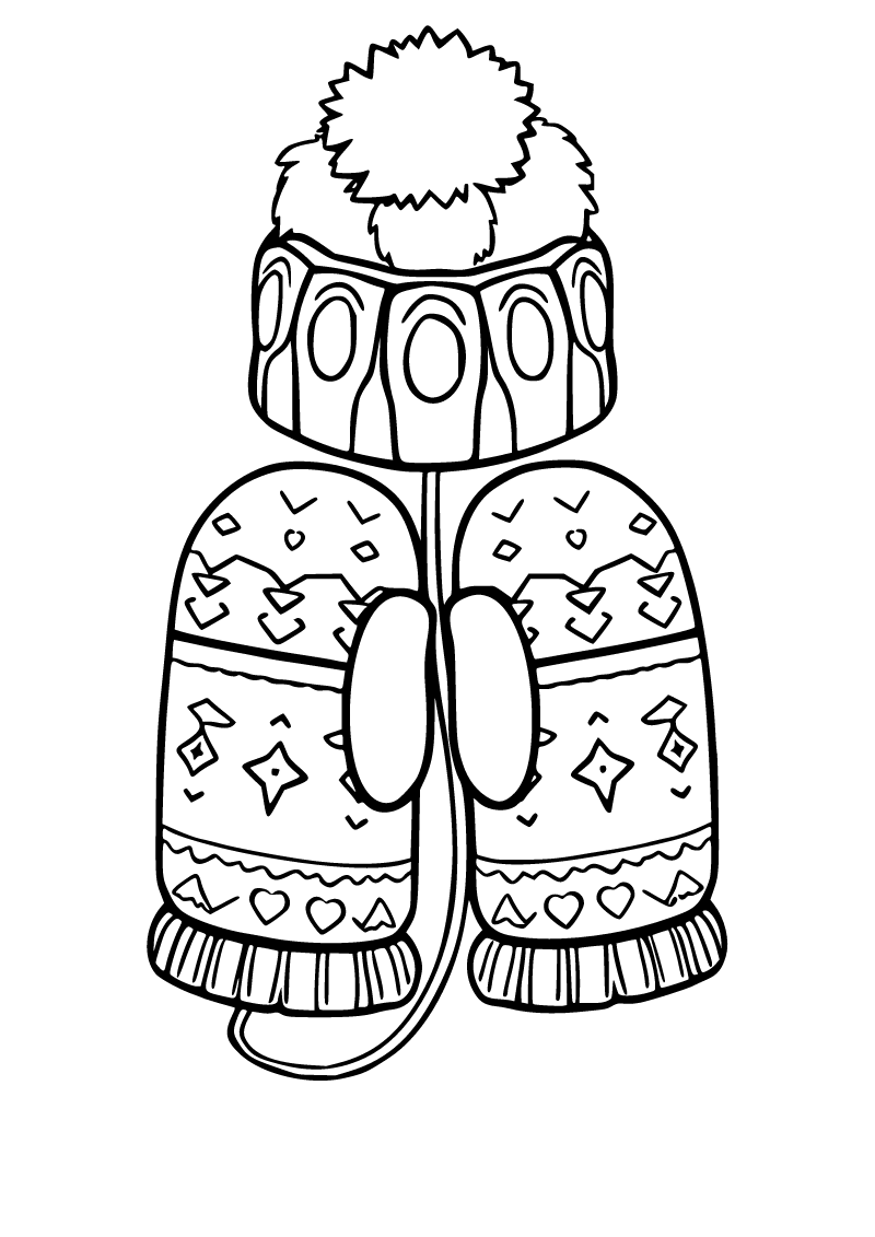 Printable winter mittens and hat coloring page for kids