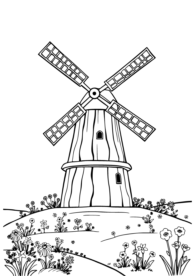 Printable windmill coloring page for kids