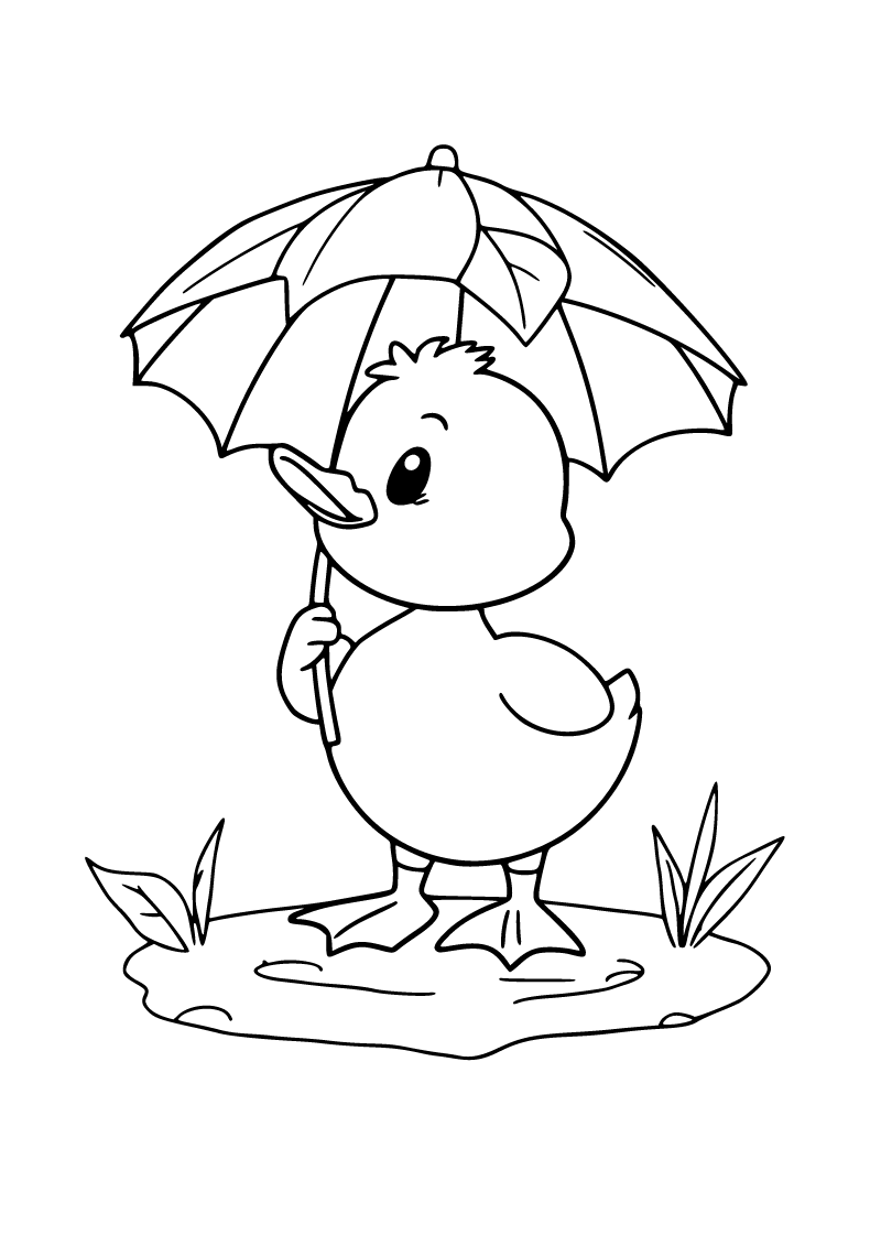 Printable autumn rain duck coloring page for kids