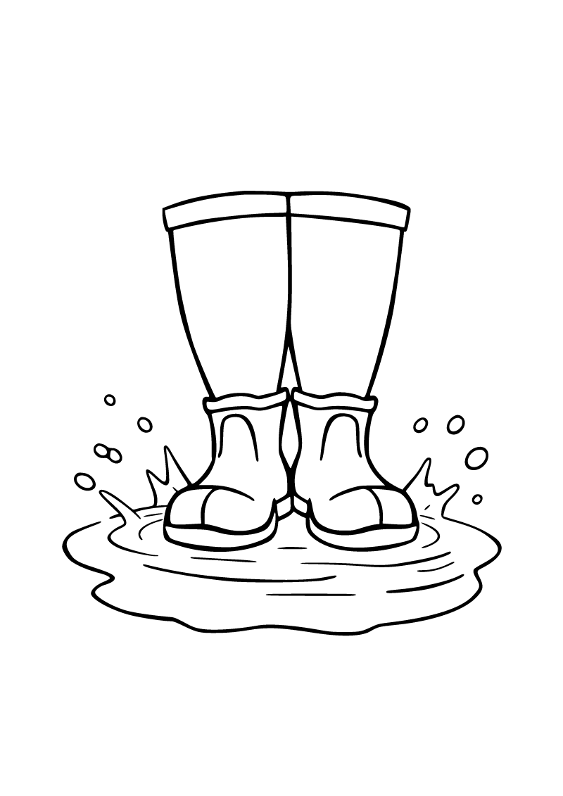 Printable rain boots and puddle coloring page for kids