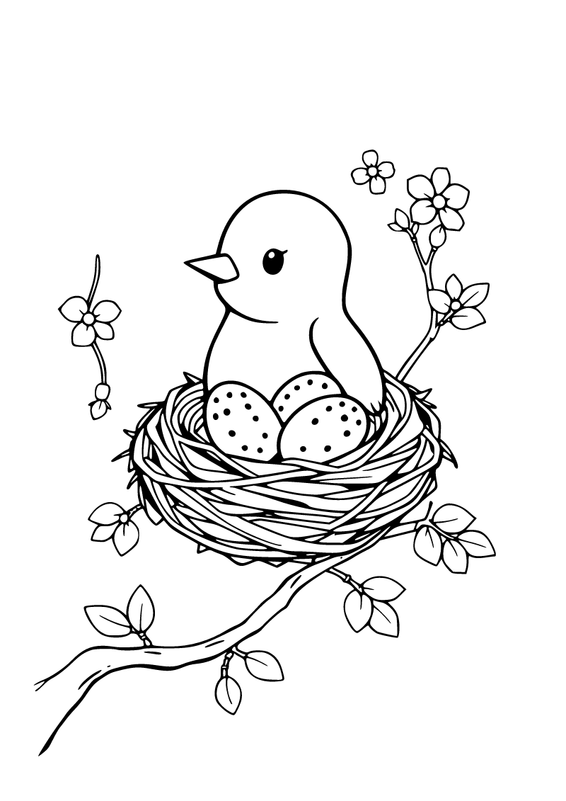 Printable spring bird nest coloring page for kids