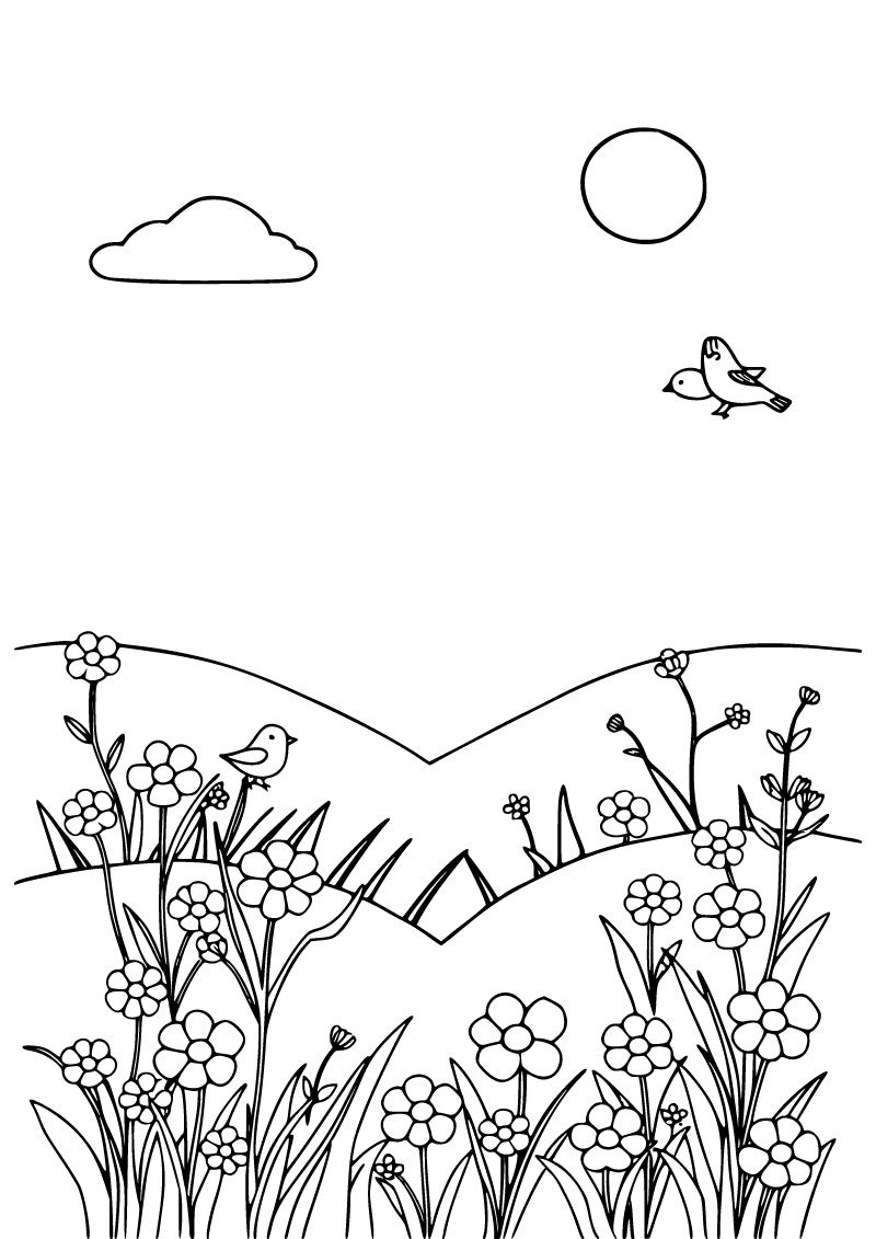 Printable spring landscape coloring page for kids